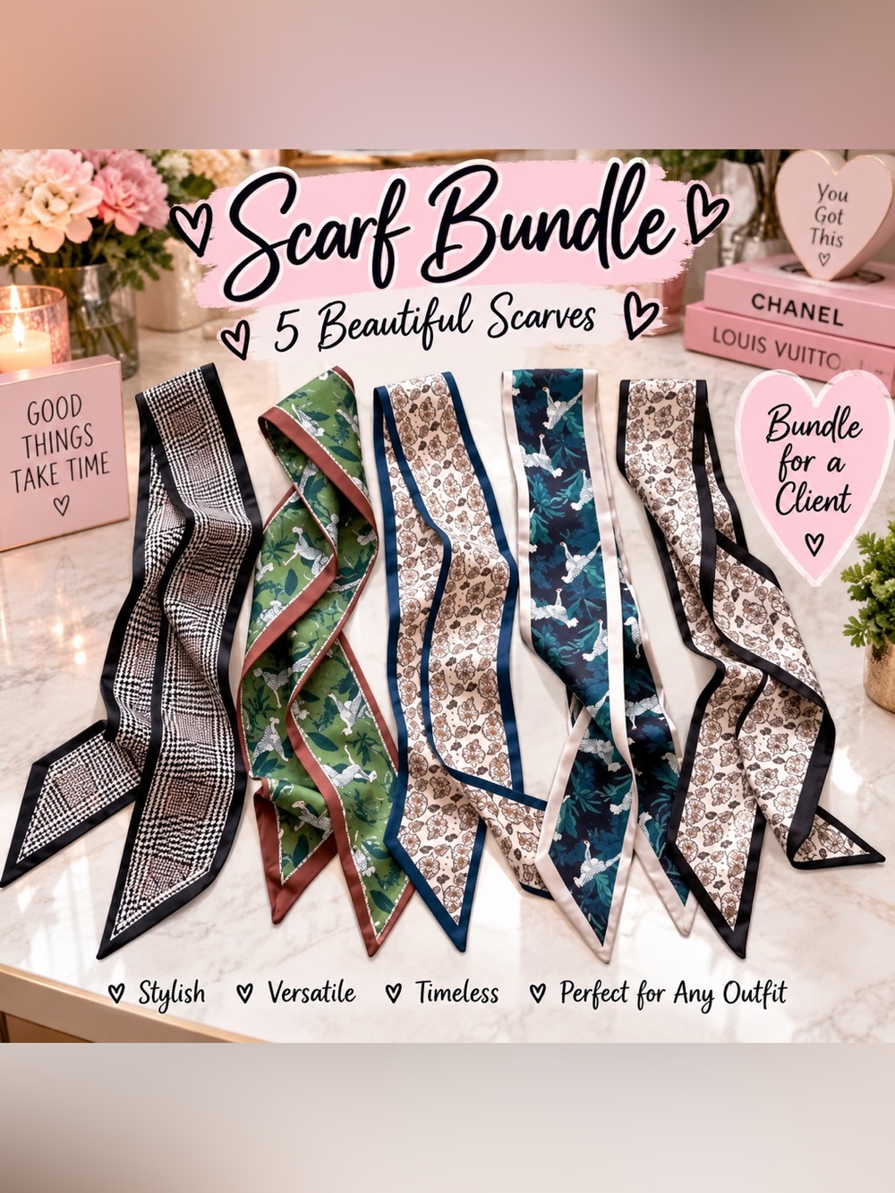 Purse Scarf Bundle - Pink, Blue, Green, White Patterned Twilly Scarves